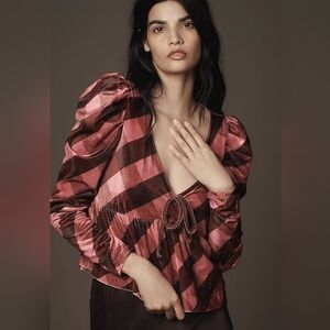 Anthropologie Maeve Plaid Velvet Puff Sleeve Babydoll Top Pink Medium